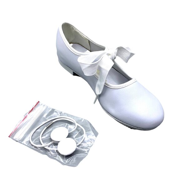 Toddlers Bow Tie White Tap Shoes Tyette Recital New Stage Dance Class Leather - Picture 1 of 8